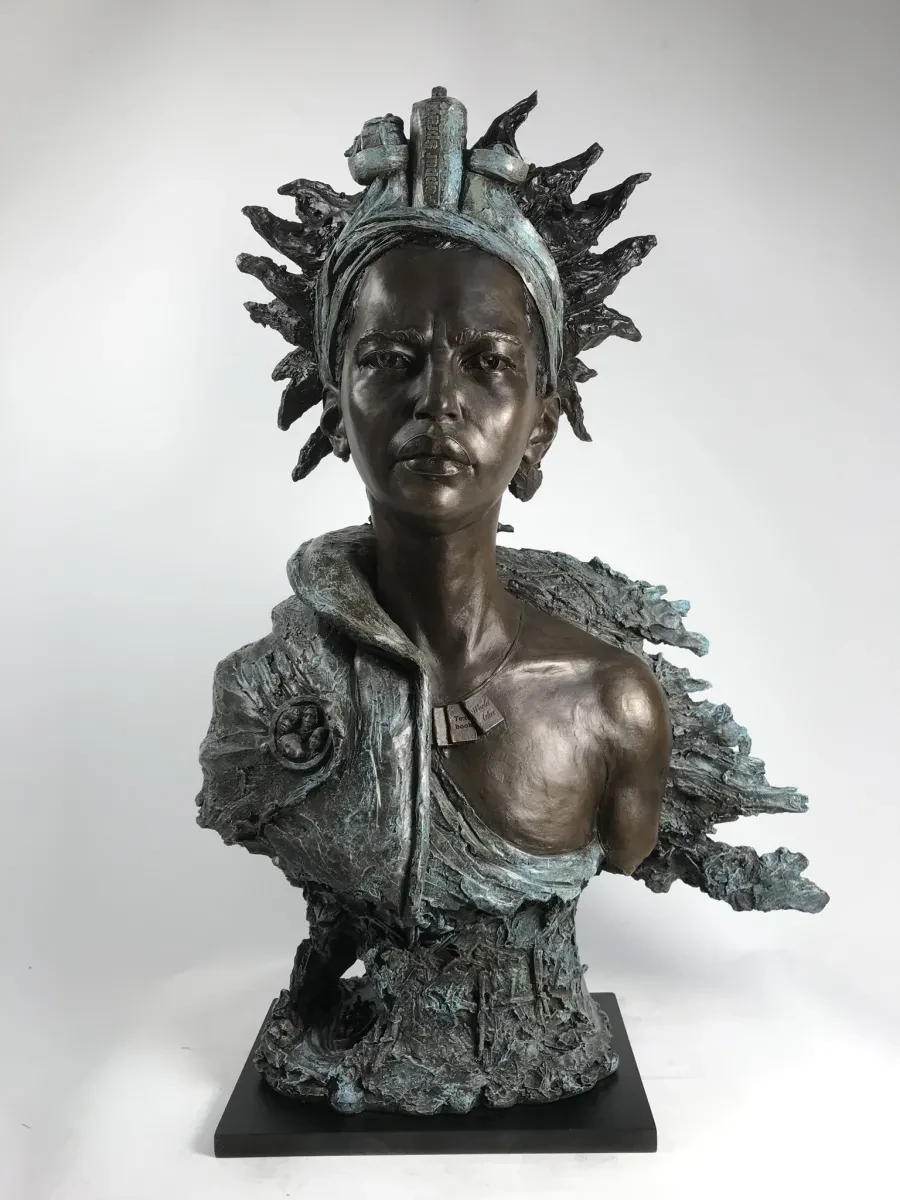 A bronze bust sculpture by artist Eve Shepherd.